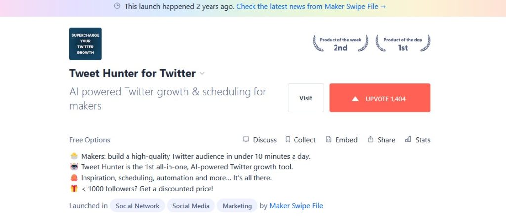 tweethunter review on product hunt